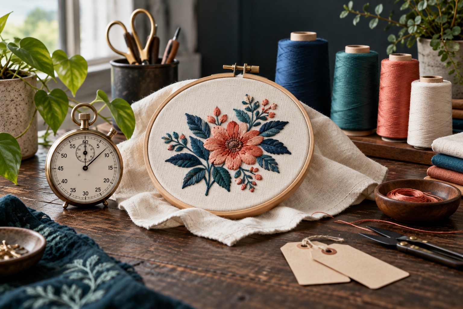 Stopwatch beside an embroidery machine and stitched hoop