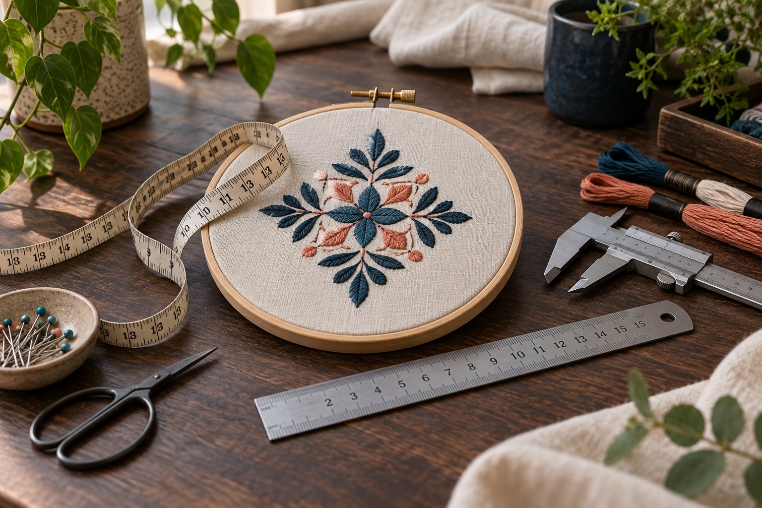 Embroidery hoop measured with rulers and calipers