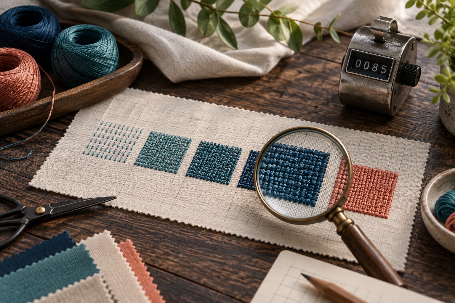 Stitched density samples arranged with a counter and magnifier