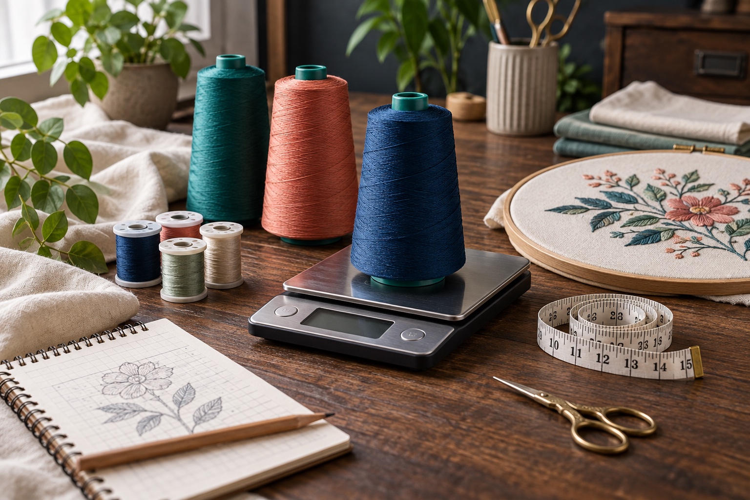 Thread cones bobbins scale and measuring tape on a worktable