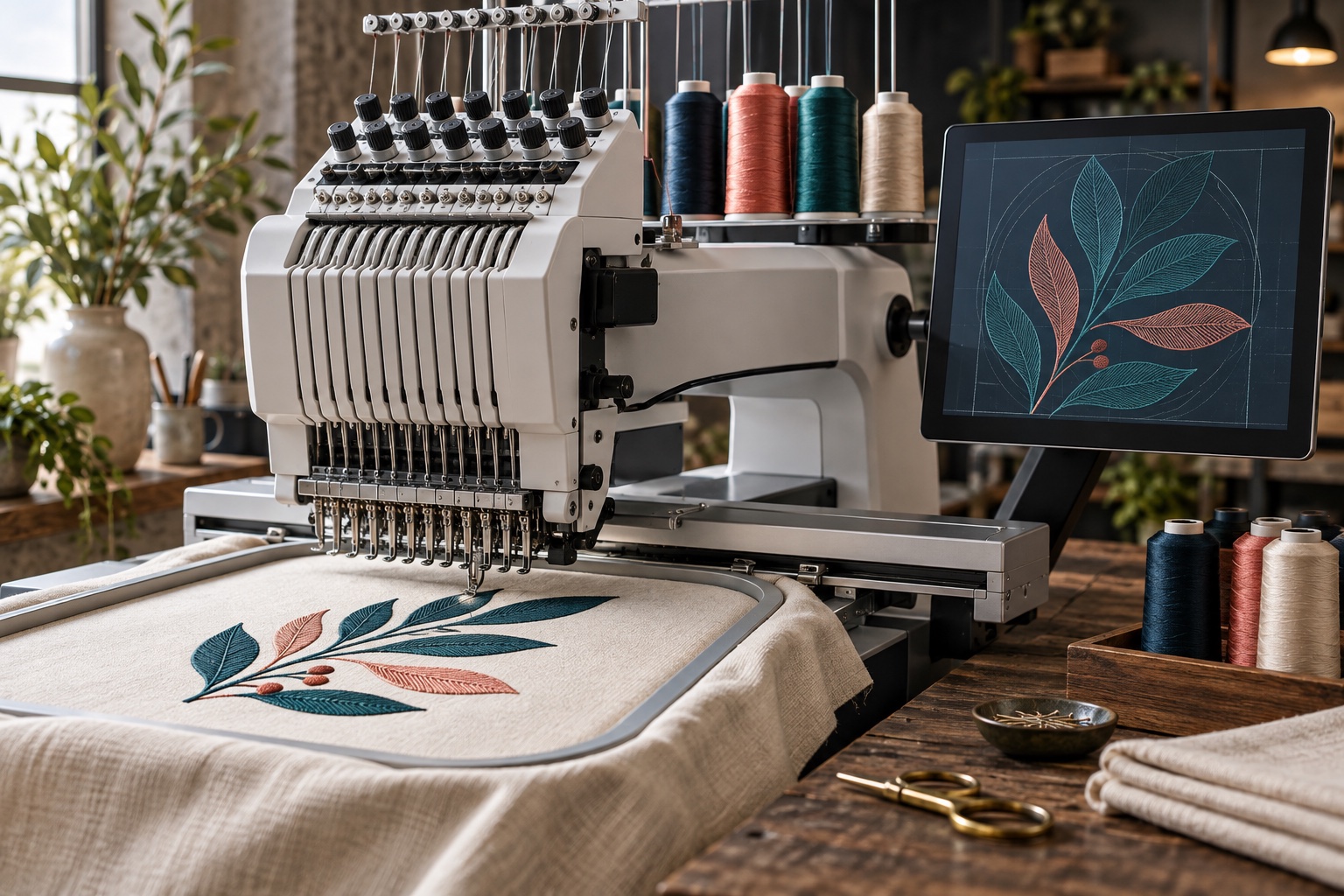 Commercial embroidery machine with a digital stitch preview