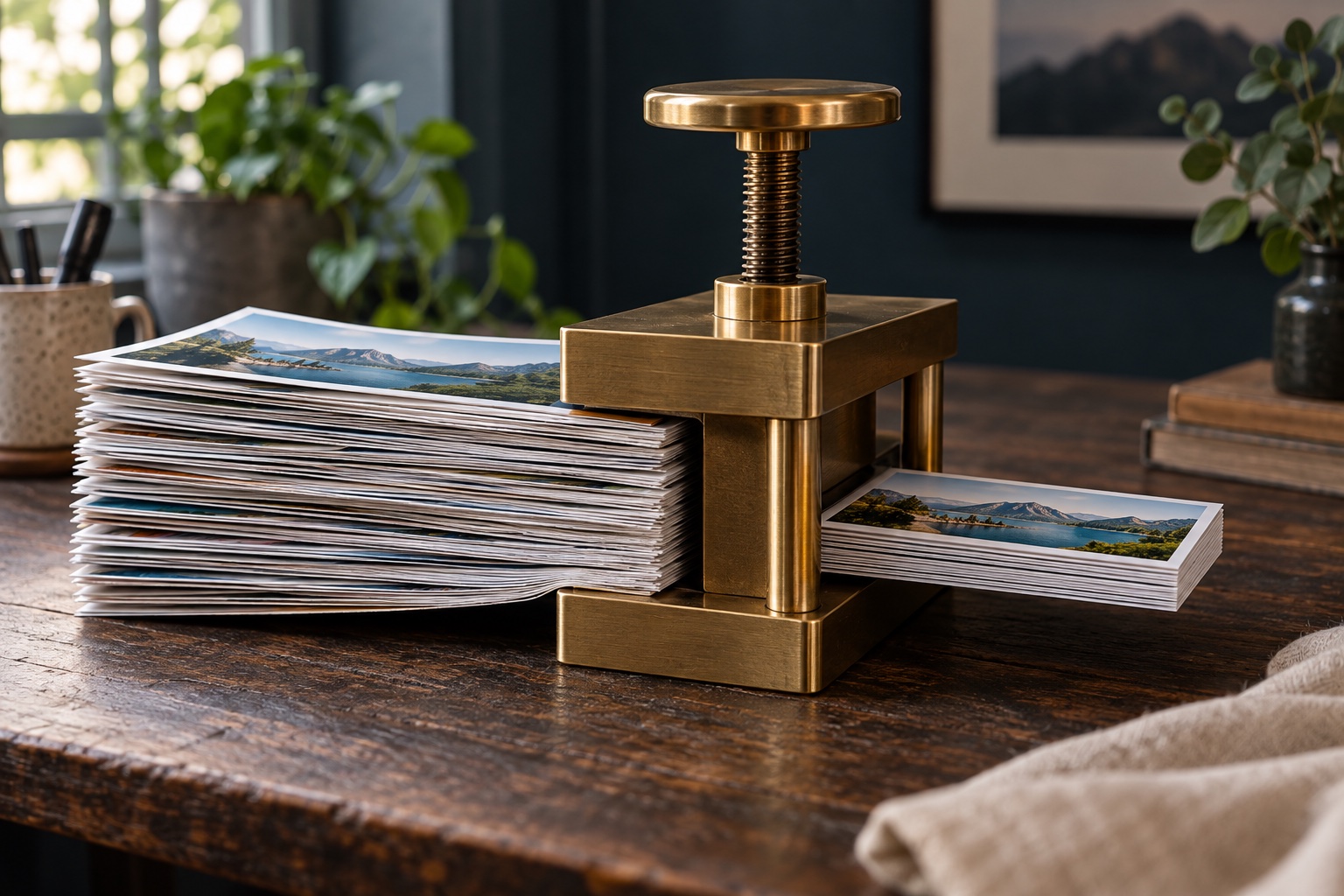 A large stack of photographs compressed into a smaller stack