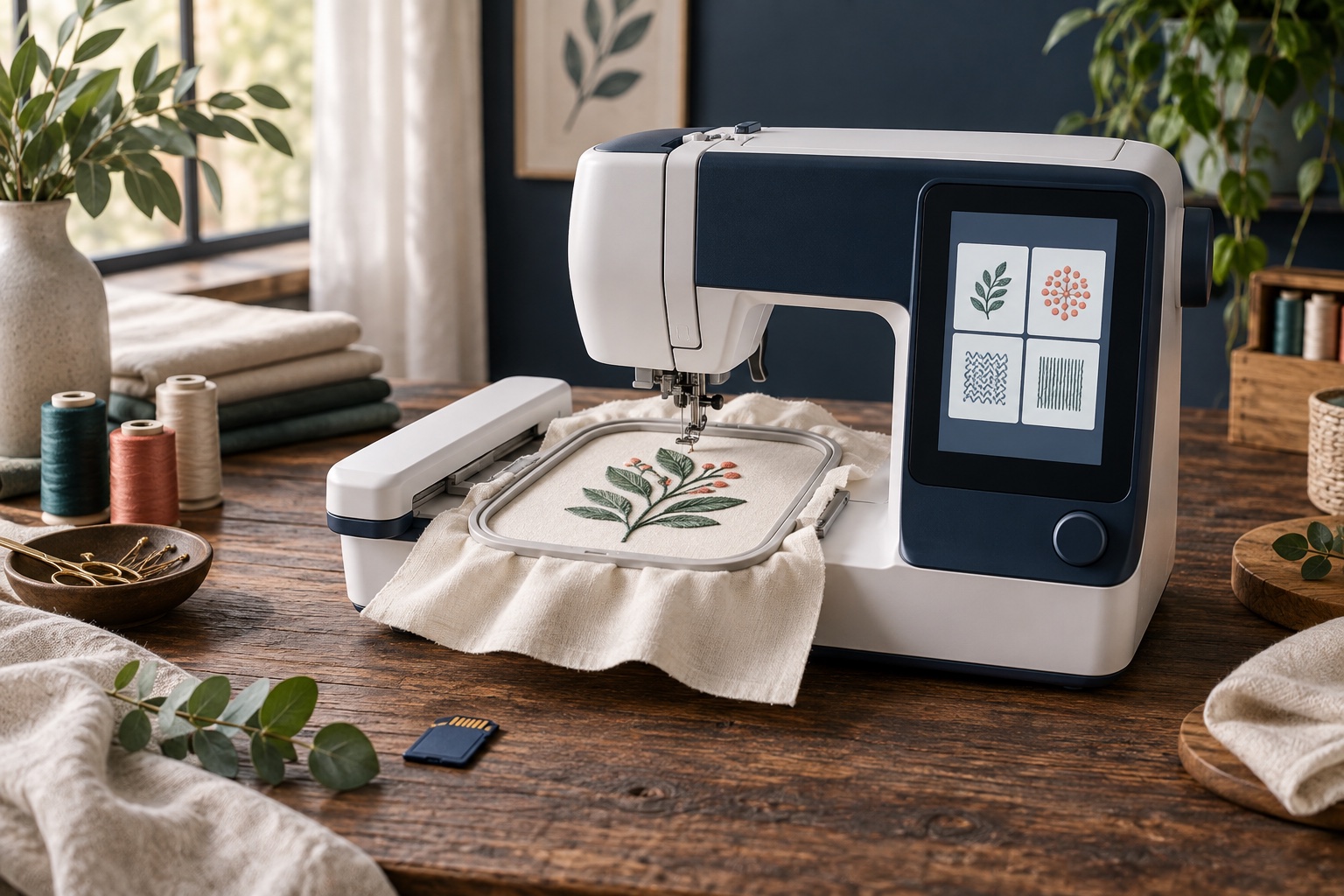 Compact embroidery machine with a digital stitch preview