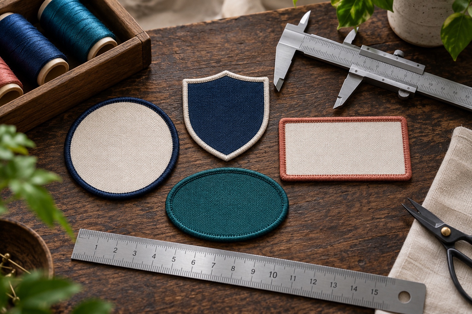 Blank embroidered patch shapes measured with calipers and a ruler