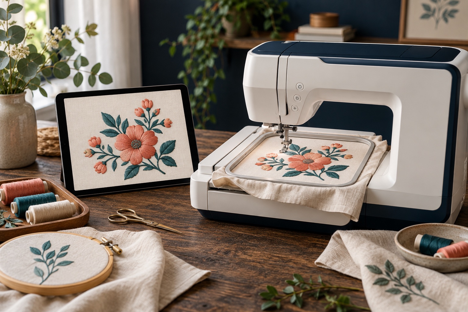 Home embroidery machine with a digital stitch preview