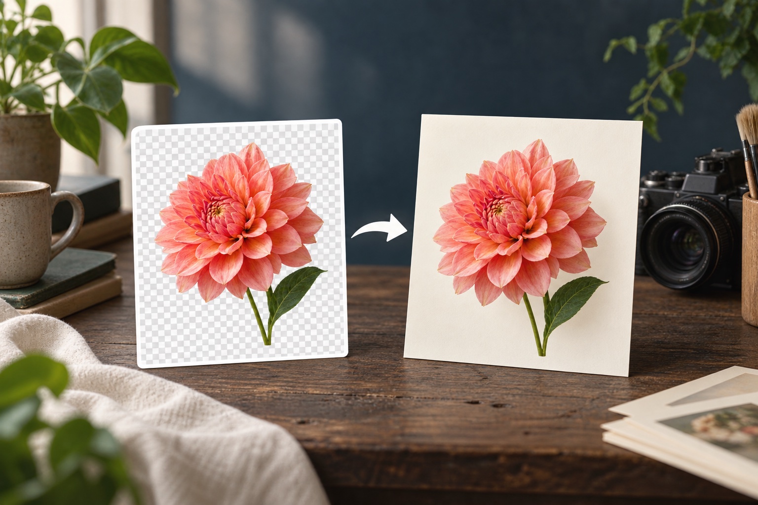 Transparent PNG artwork converted into a finished JPG photograph