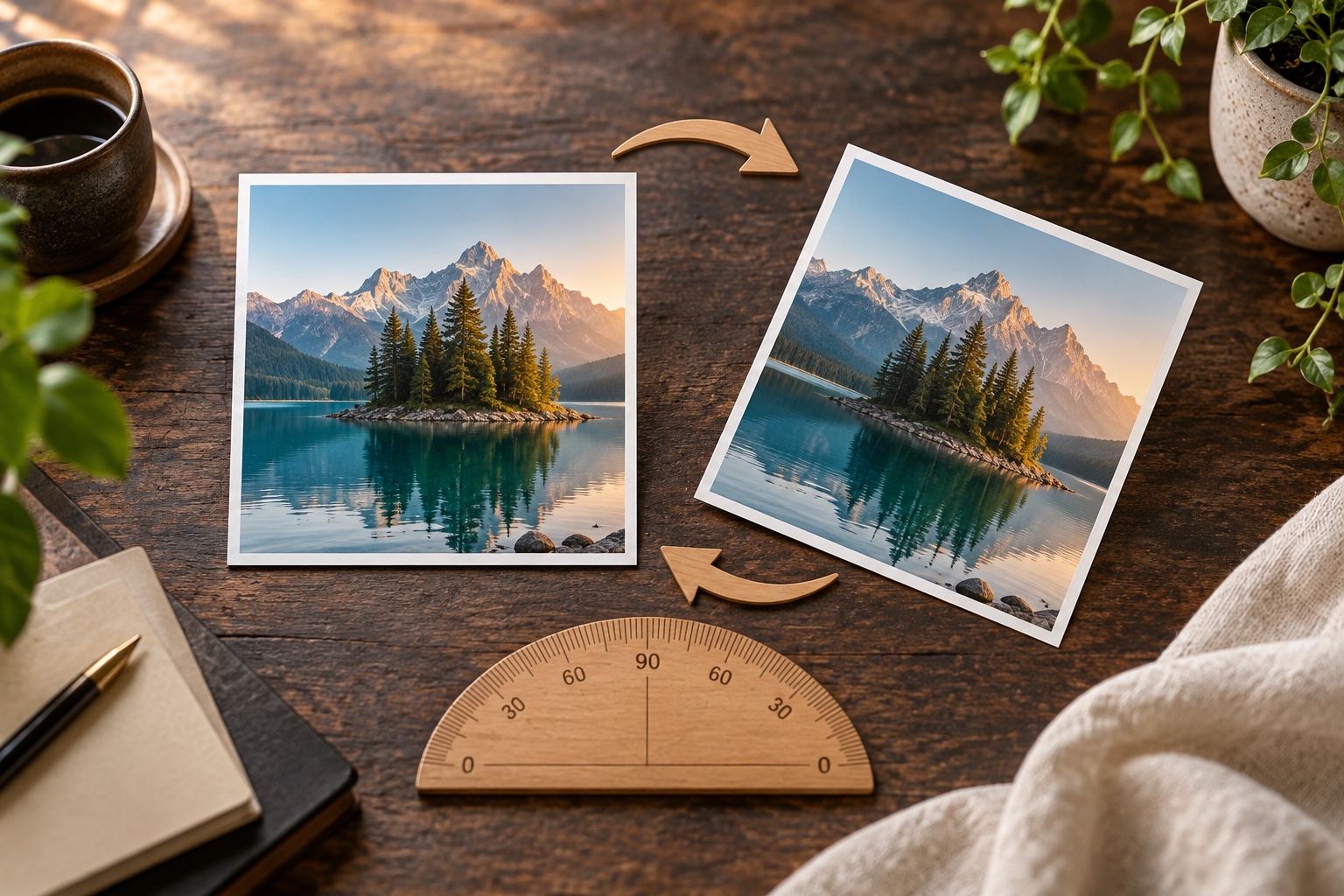 A photograph shown at two rotated angles with a protractor