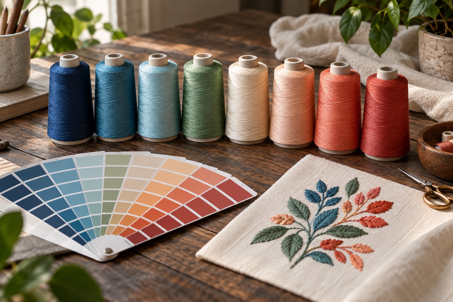 Embroidery threads matched to a fan of color swatches
