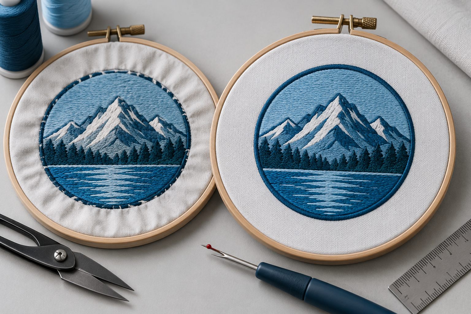 Two embroidery test samples side by side, comparing puckering and uneven edges with a cleaner refined sew-out