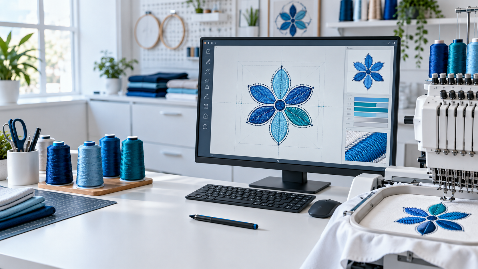 Embroidery digitizing workstation with stitch paths on screen and a hooped sew-out beside the machine
