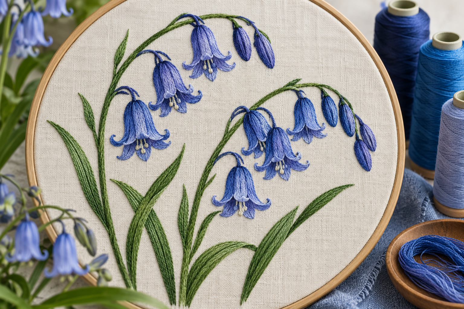 Bluebell flowers embroidered in a hoop with visible stitched petals
