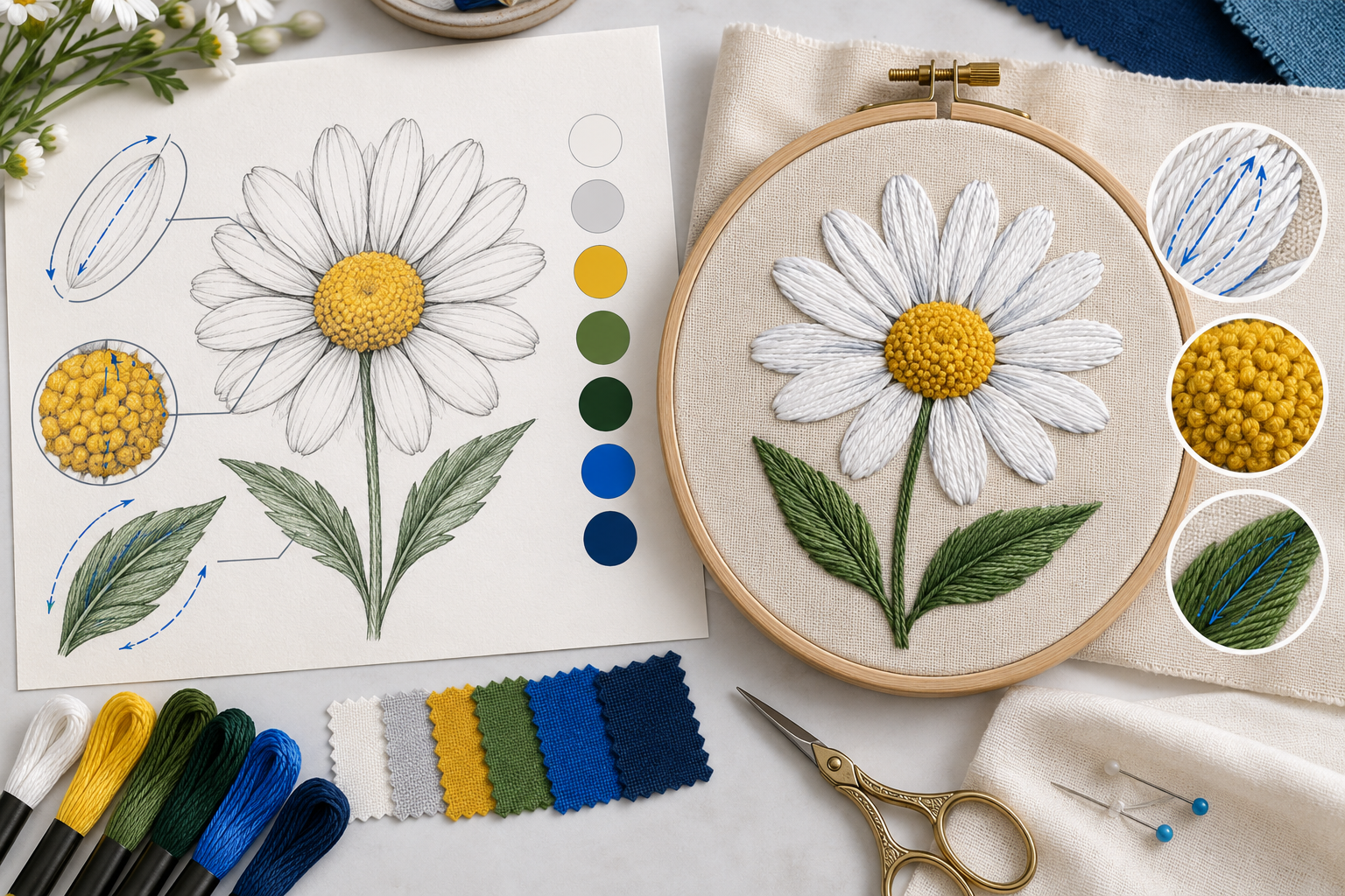 Daisy reference drawing beside a stitched daisy with visual stitch guides