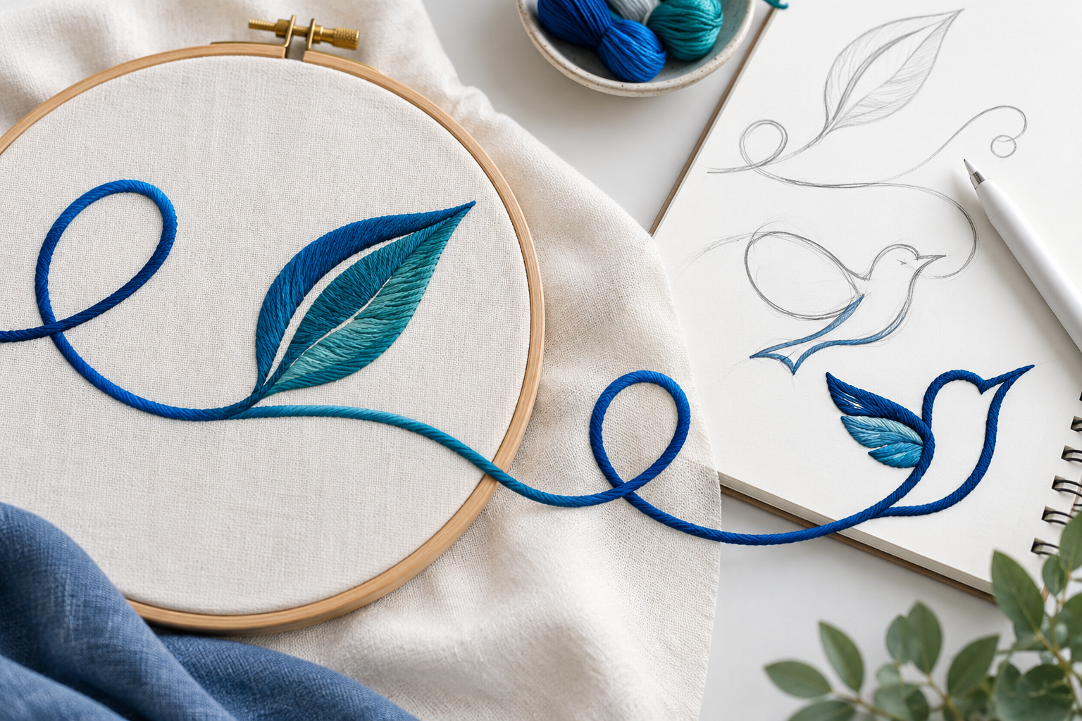 Flowing freehand embroidery line becoming creative stitched shapes