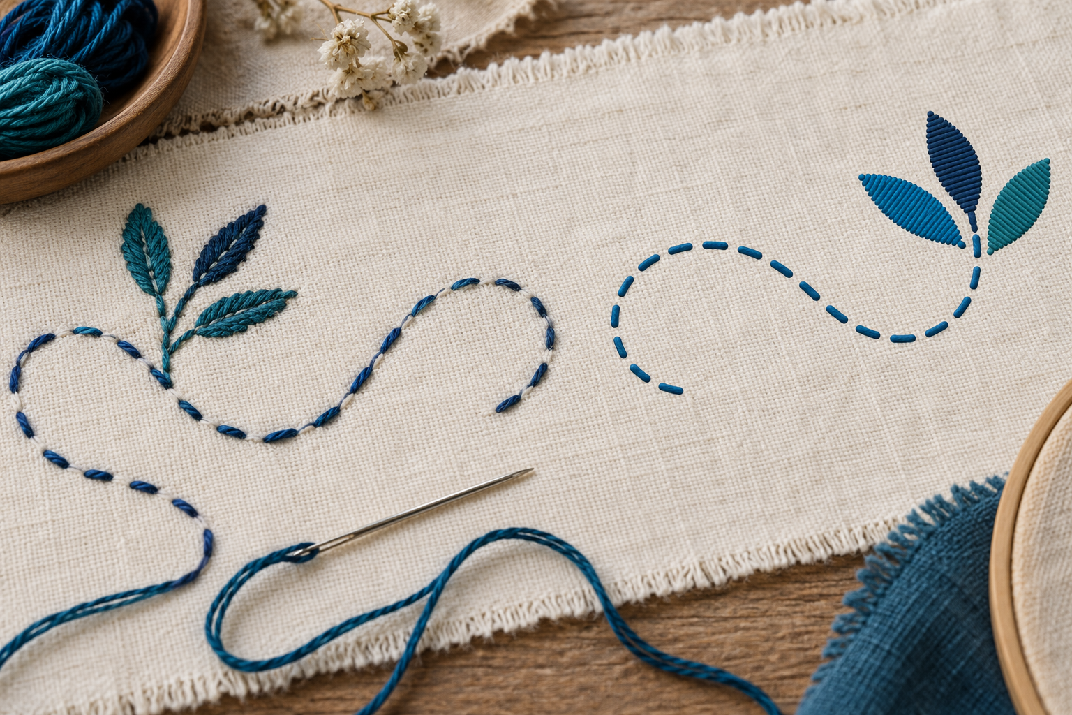 Organic hand-stitch-style running stitches across a fabric sampler