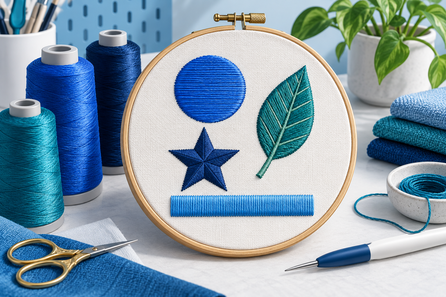 Beginner embroidery hoop with simple geometric stitch samples