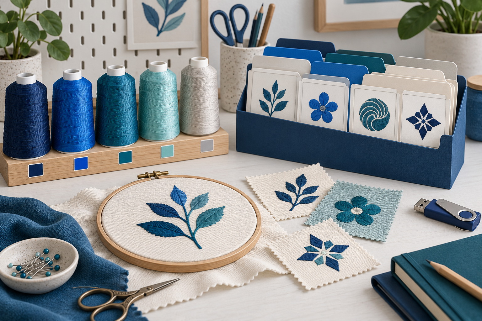 Organized embroidery design folders, thread cones and export tools