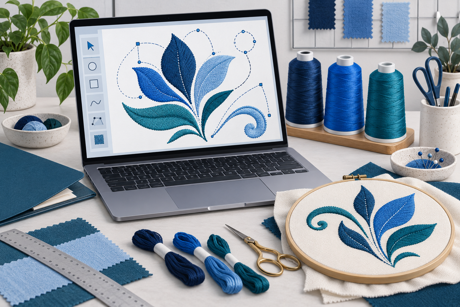 Embroidery digitizing workstation with hoop, thread and abstract stitch paths