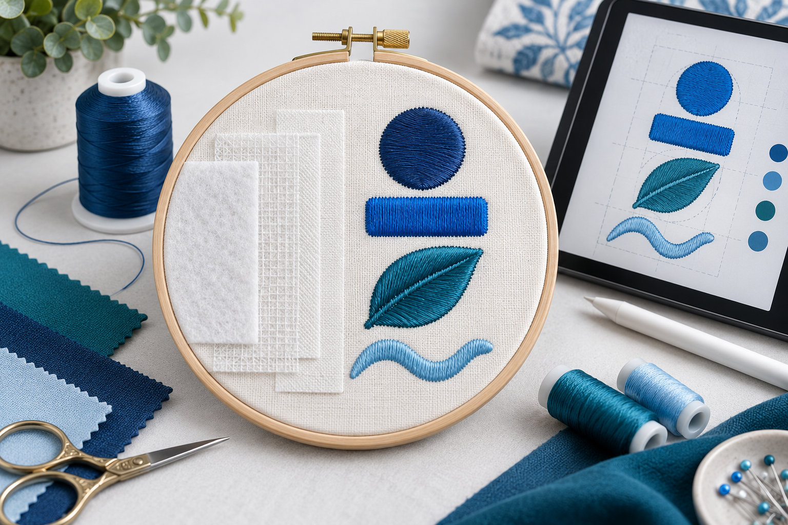 Embroidery hoop with layered underlay and satin stitch samples on a workbench