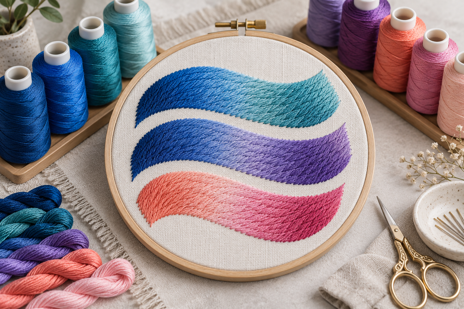 Embroidery hoop showing smooth multi-color blend stitch samples