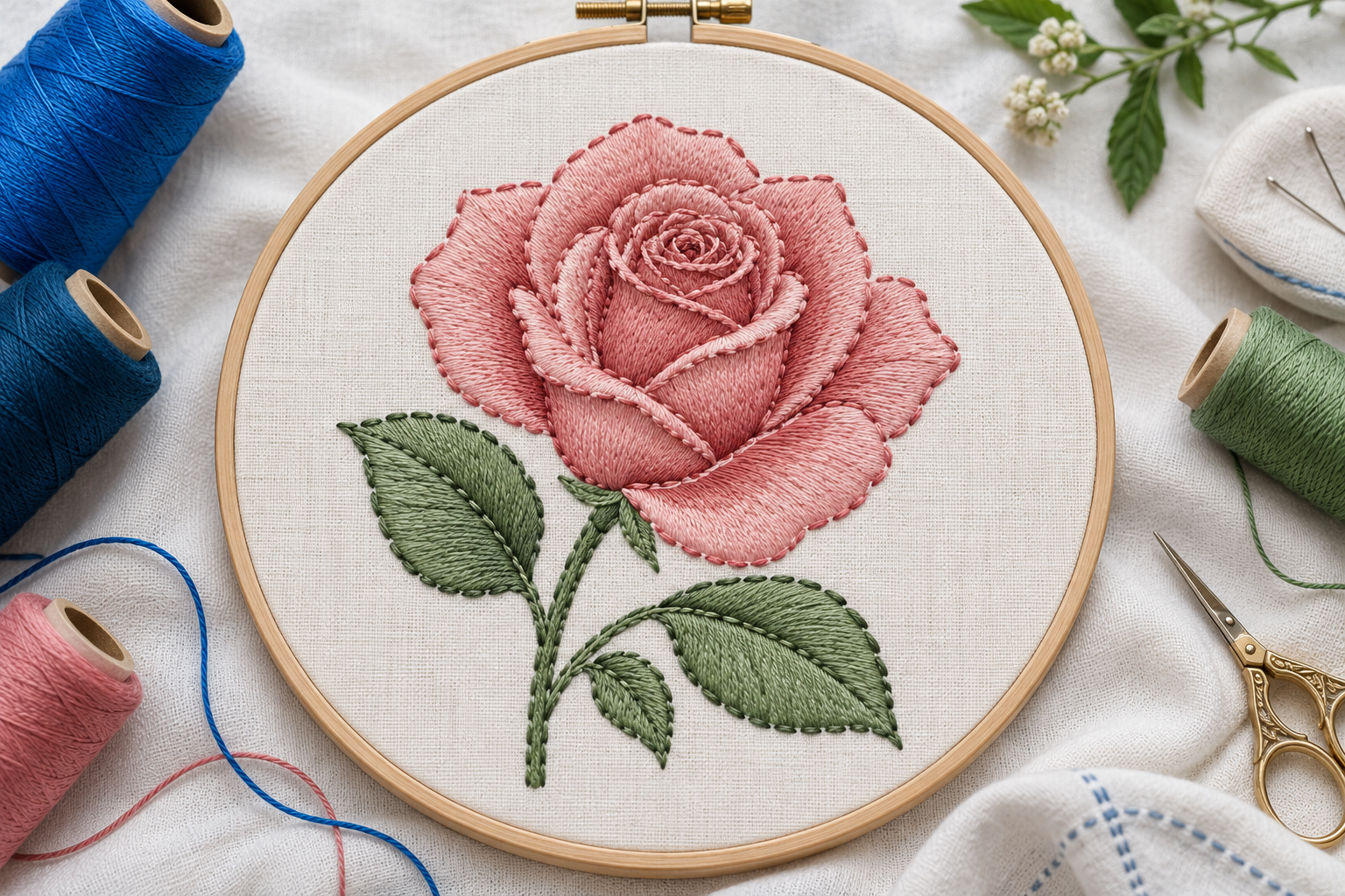 Rose embroidery study showing outline, satin stitch and filled leaf shapes