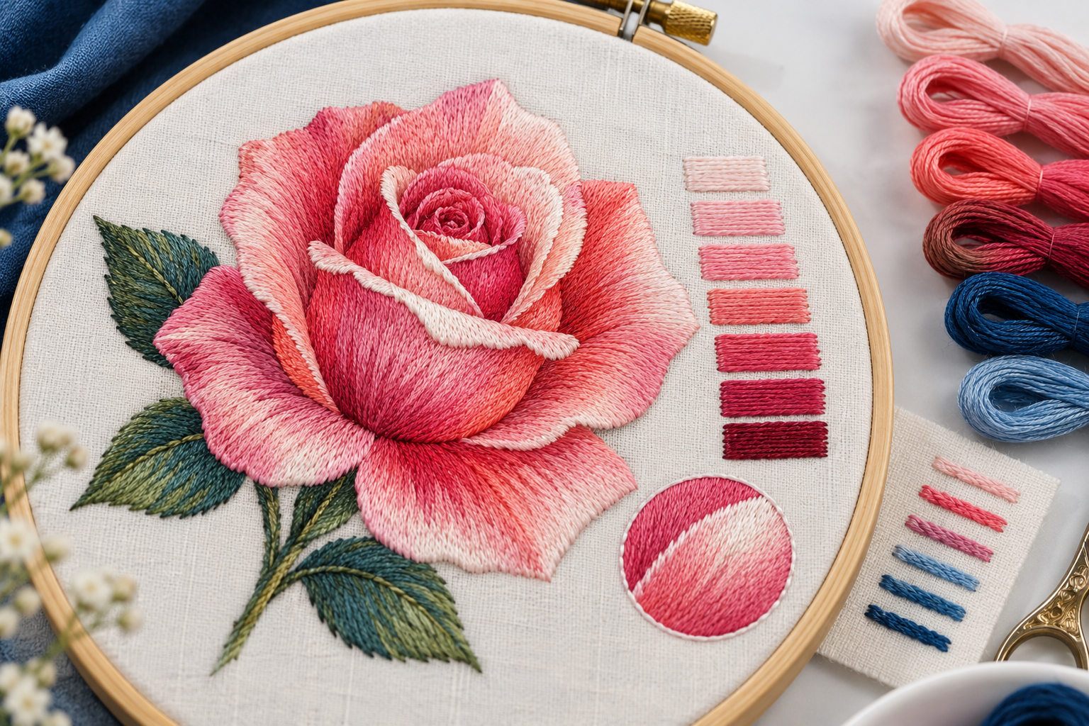 Close embroidered rose showing petal shading and highlight stitch direction