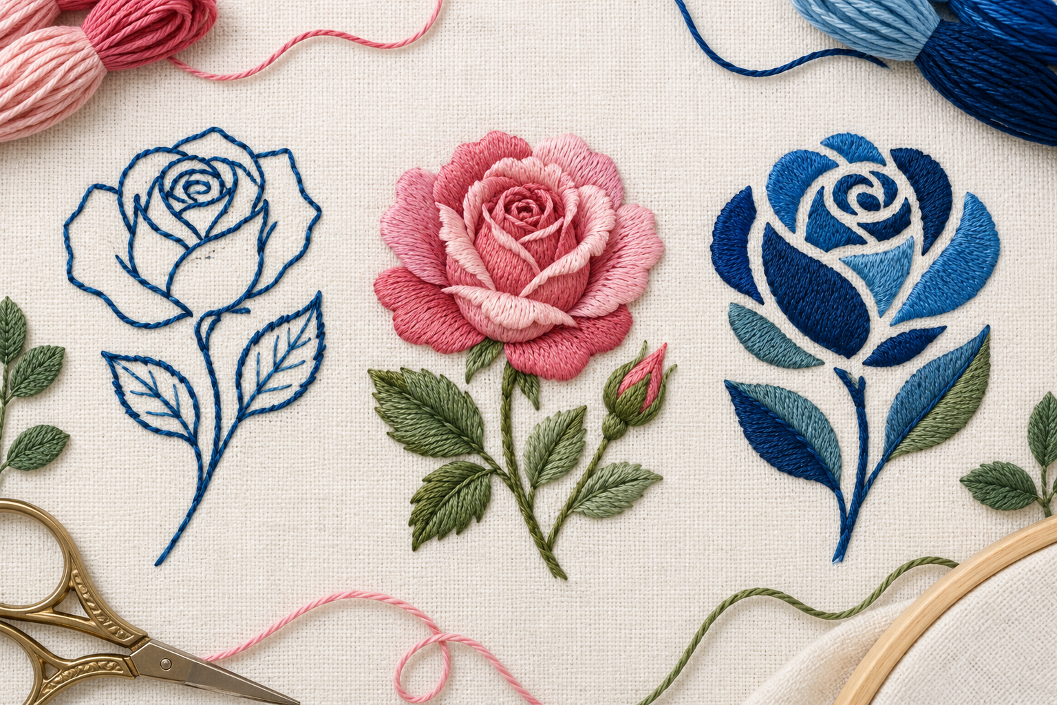 Three distinct embroidered rose variations on a fabric sampler