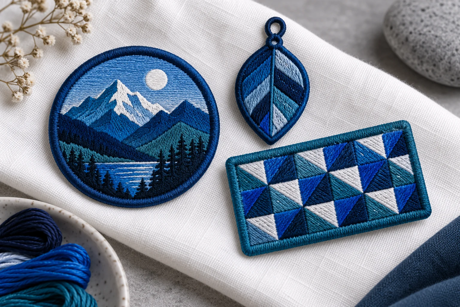 Illustrative embroidered patch and charm samples in blue and navy