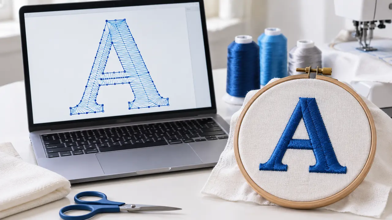 A vector letter A prepared as stitches beside its embroidered result