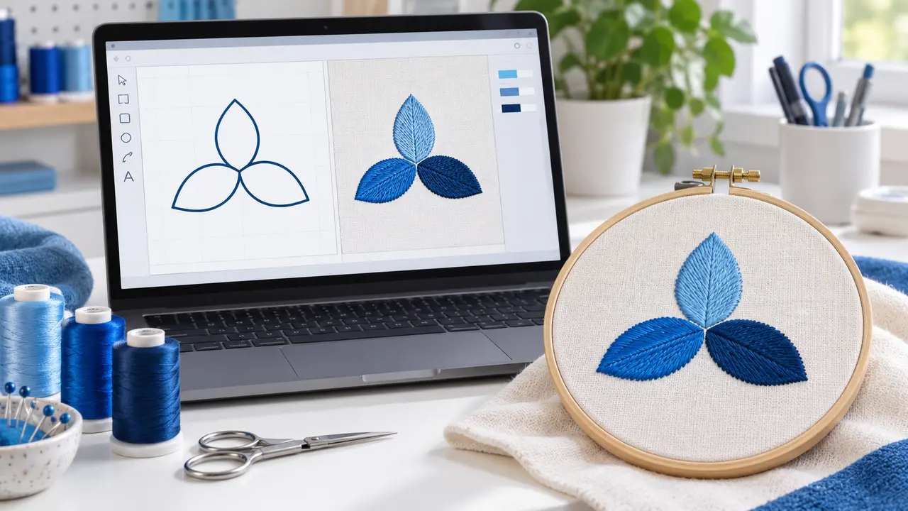 A simple vector flower converted into an identical embroidered Ink/Stitch design