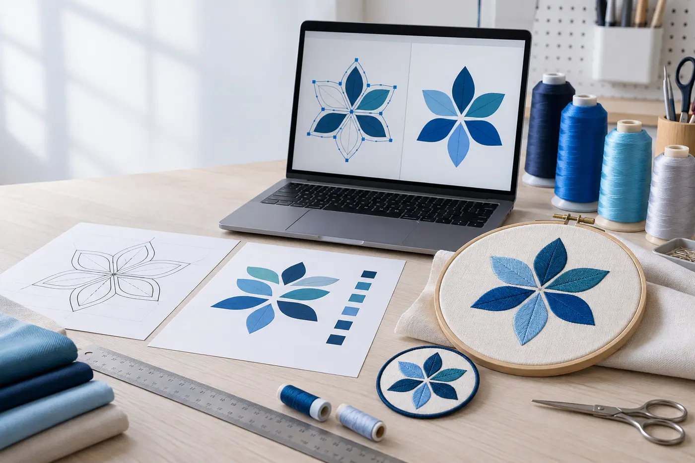 Artwork preparation desk with a digital design, embroidery samples and thread colors