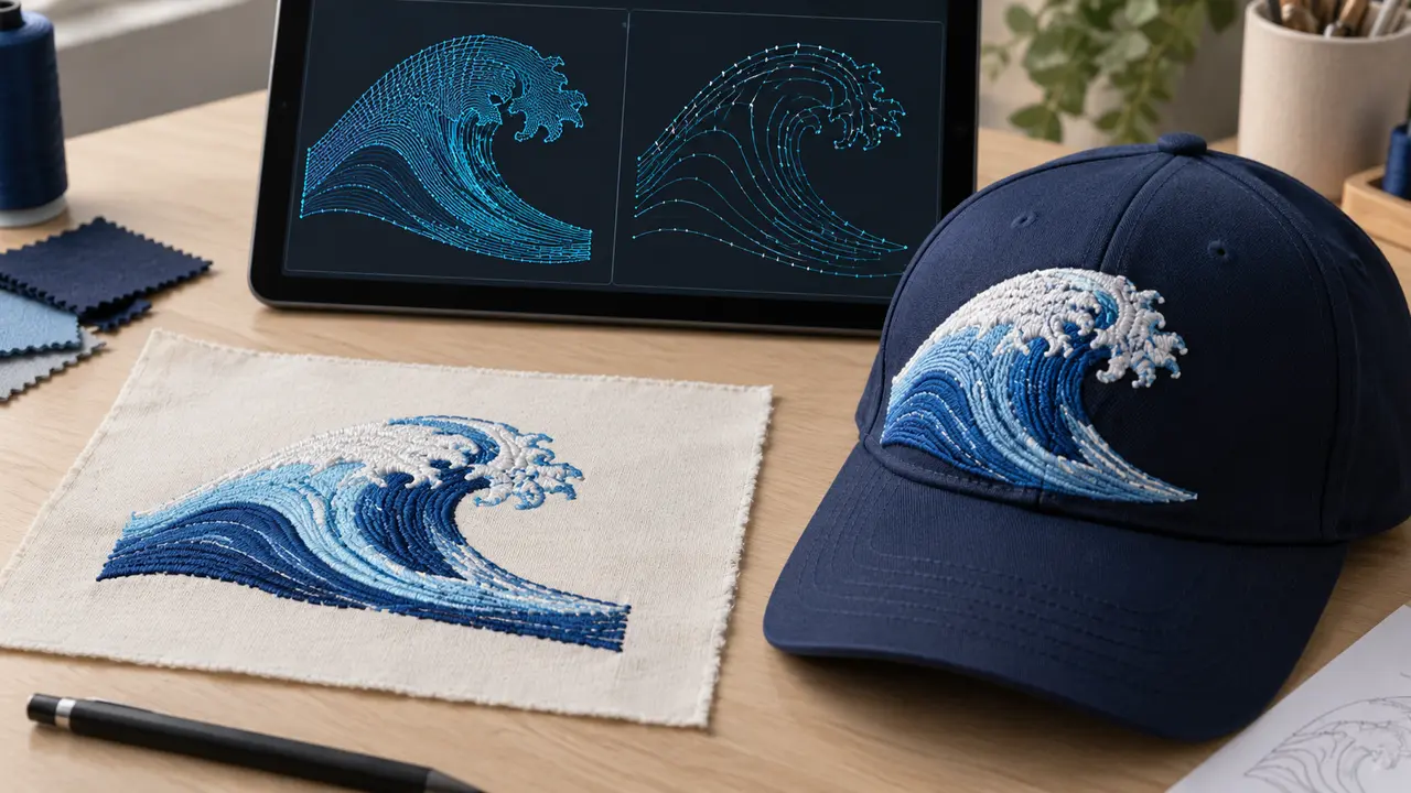 Flat embroidery sample and structured cap compared beside digital stitch paths