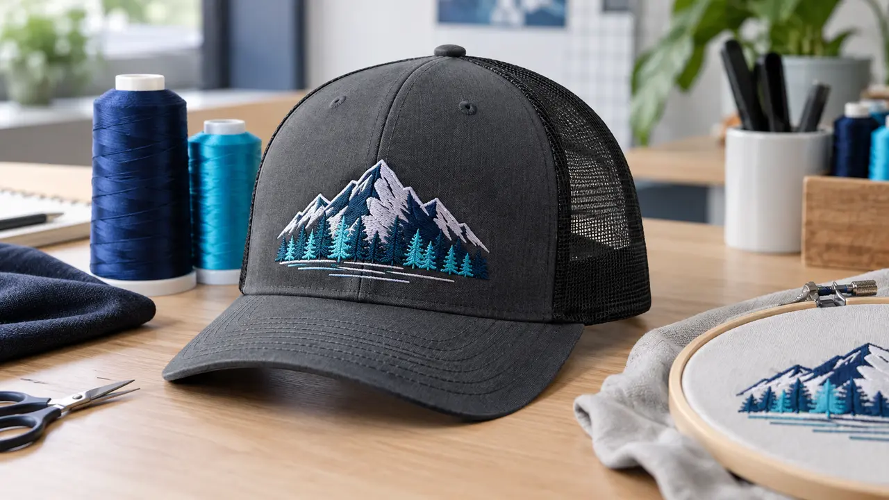 Charcoal trucker cap with detailed mountain embroidery beside thread and a sew-out sample