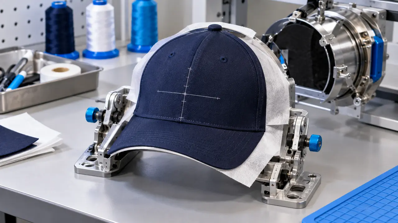 Navy cap aligned in a wide-angle machine embroidery frame