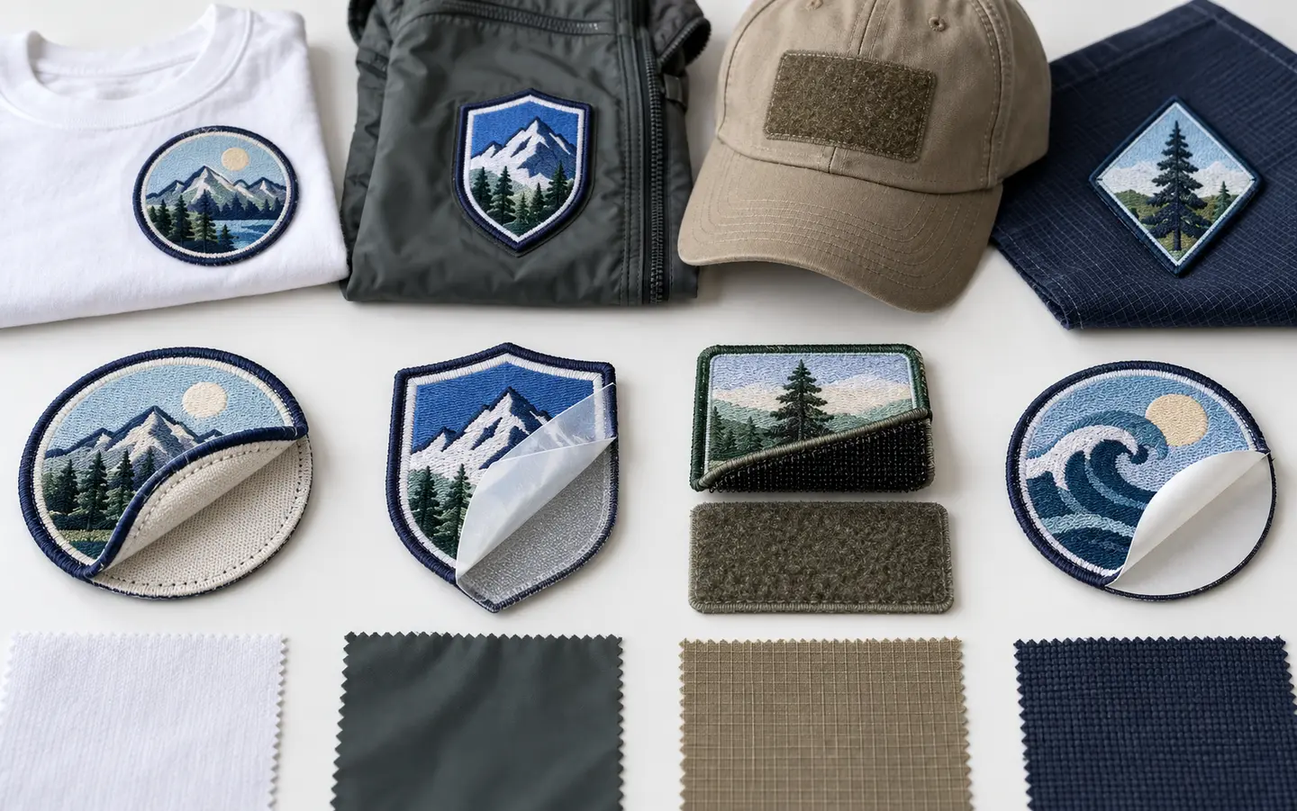 Several patch backing methods shown beside shirts, jackets, a cap and fabric swatches