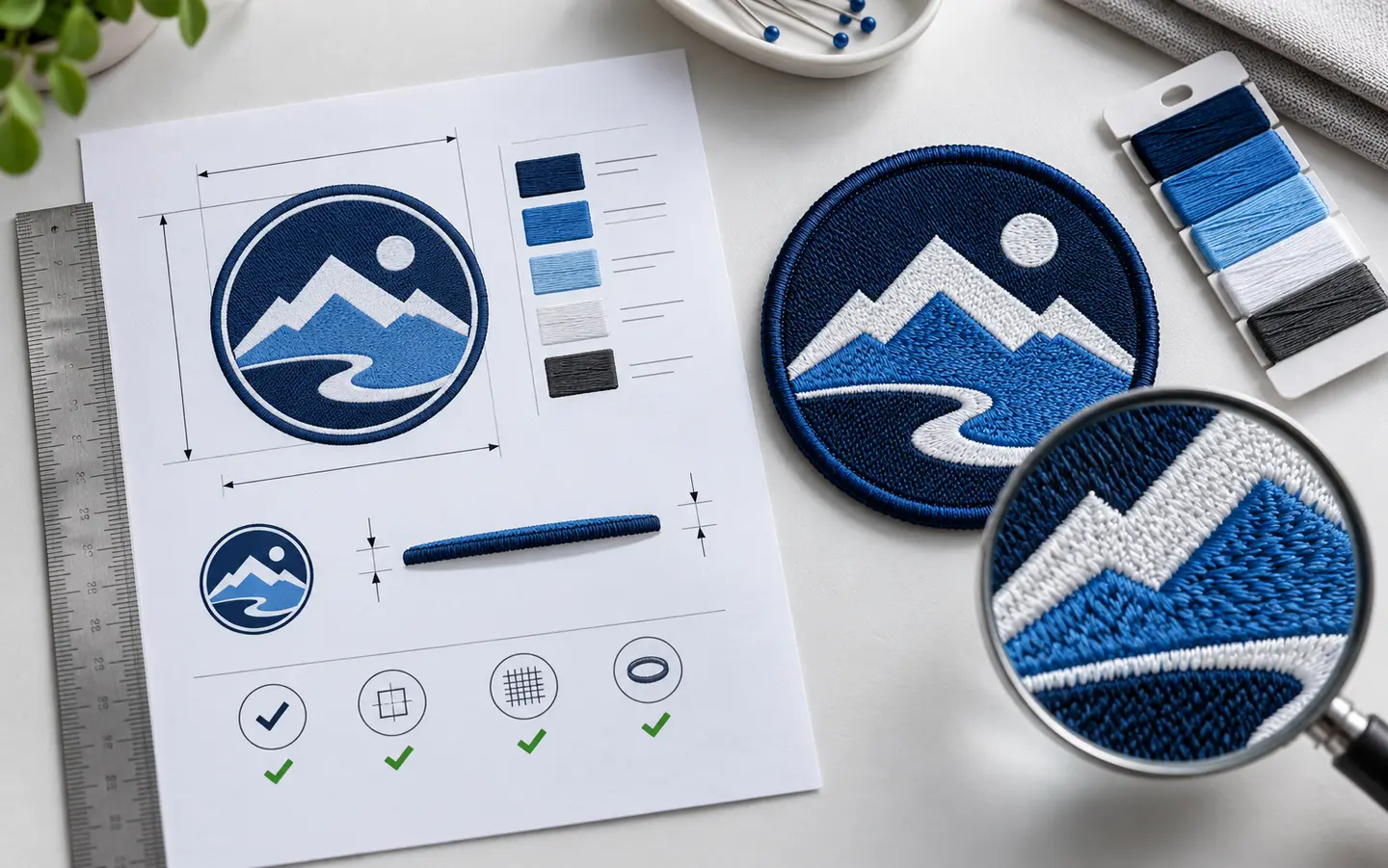 An embroidered patch being compared with a measured proof sheet, thread colors and enlarged stitch detail