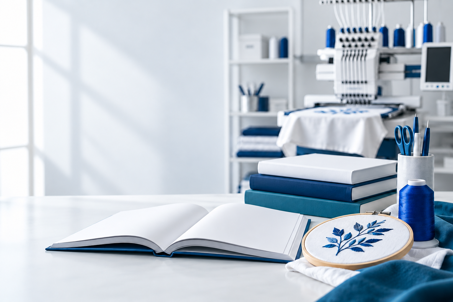 Professional books, blue embroidery thread and an embroidery hoop arranged in a bright studio
