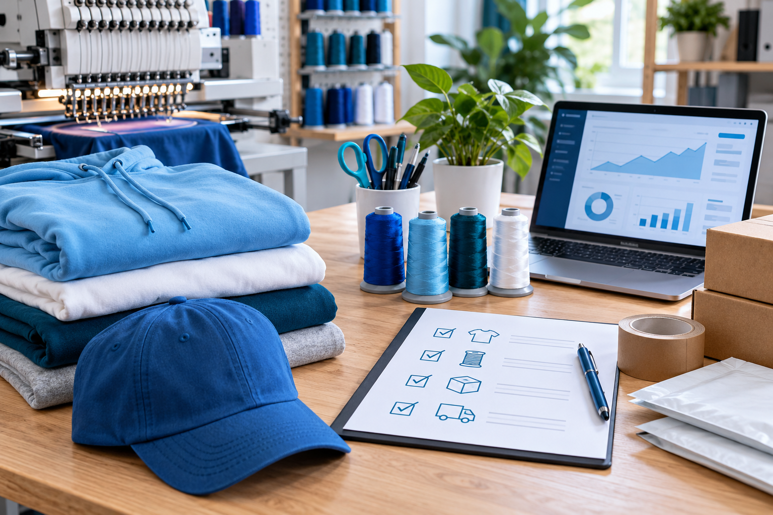 Organized apparel decoration and embroidery business workspace