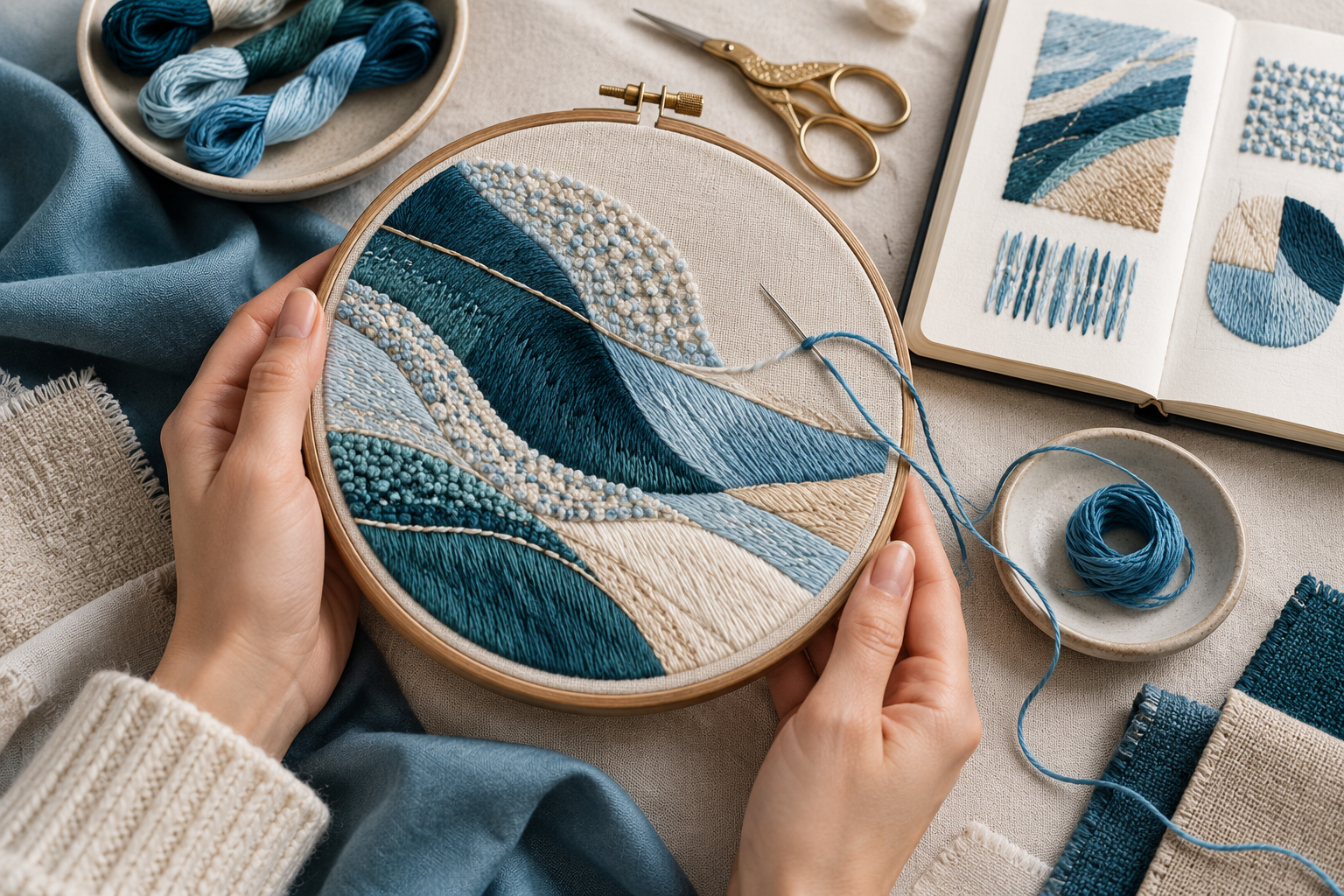 Hand embroidery hoop, detailed stitches and textile study materials