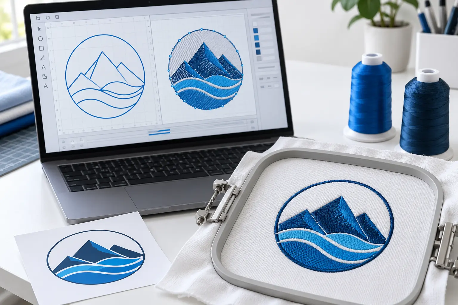 Illustrative digitizing workspace with blue artwork and stitch paths on a laptop beside a matching embroidered mountain-and-wave sample