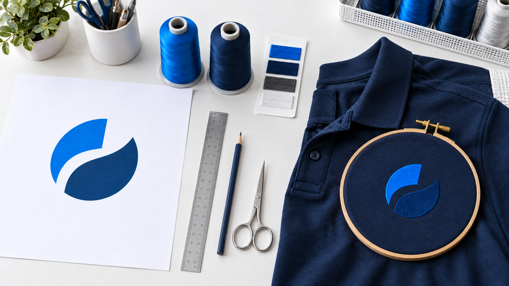 A clean blue logo artwork beside matching thread and an embroidered sample in a hoop