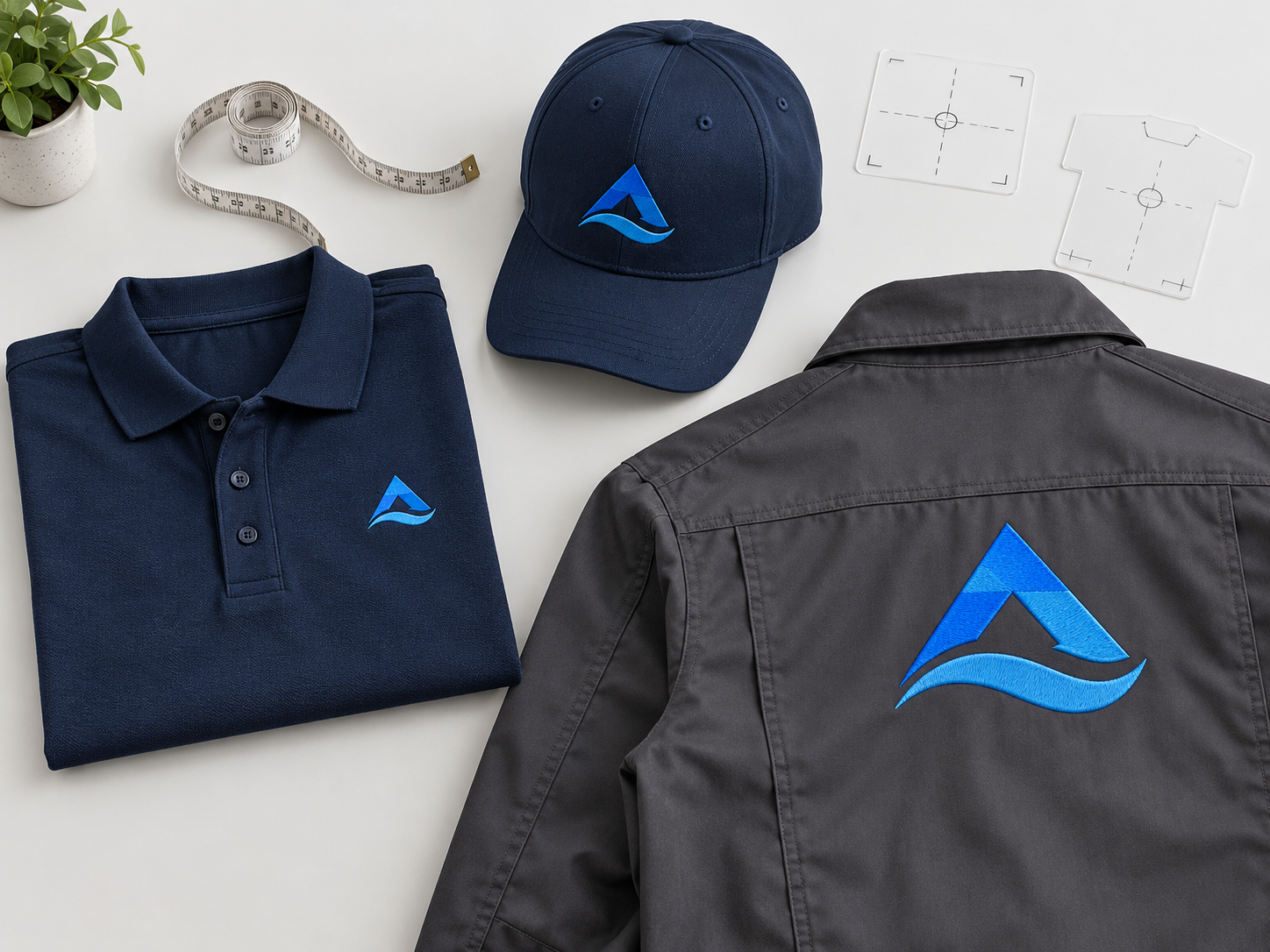 The same embroidered emblem sized for a polo left chest, cap front and jacket back