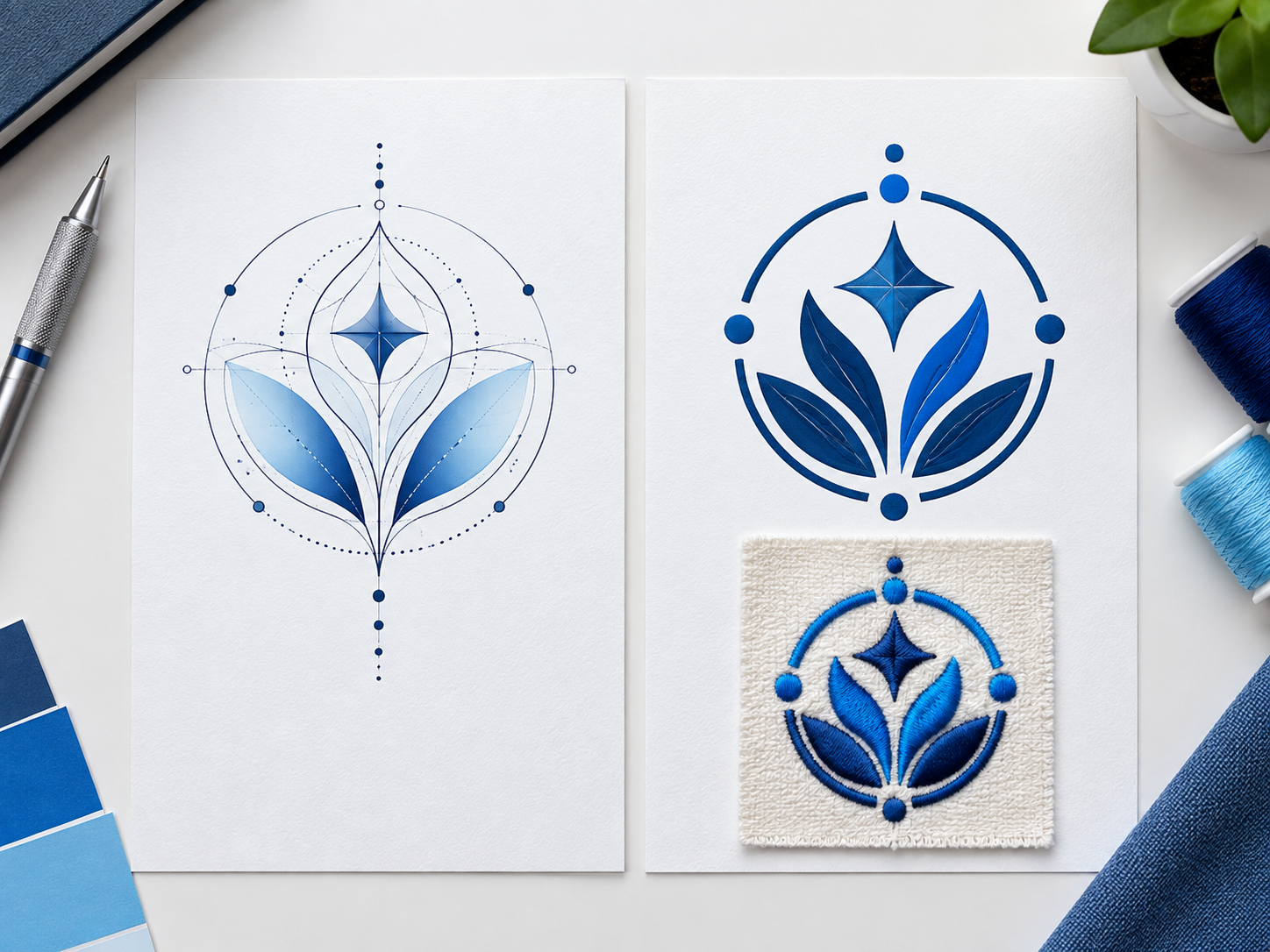 A detailed blue emblem beside a simplified version and its matching embroidered swatch