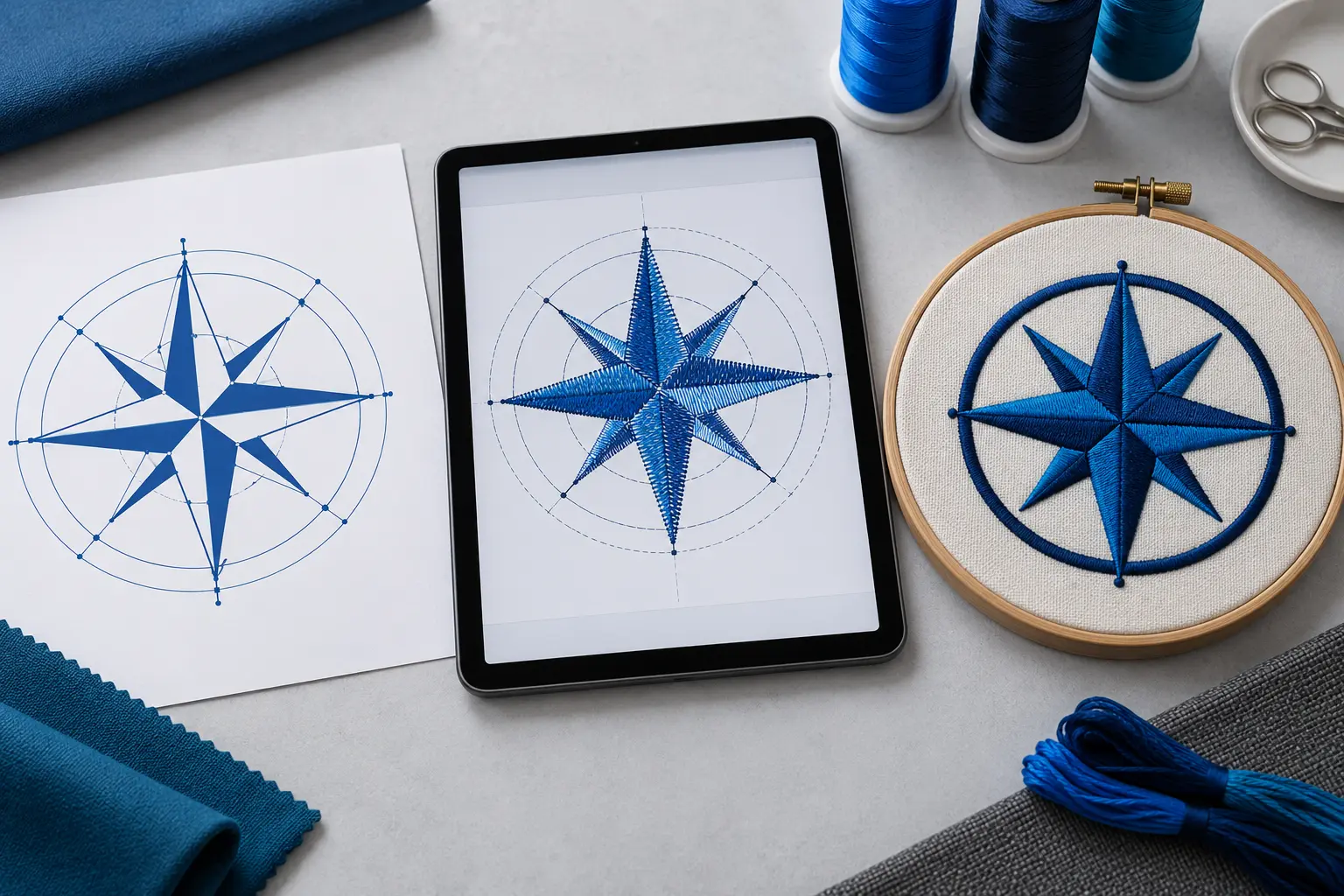 Three stages from vector artwork to stitch planning and finished embroidery