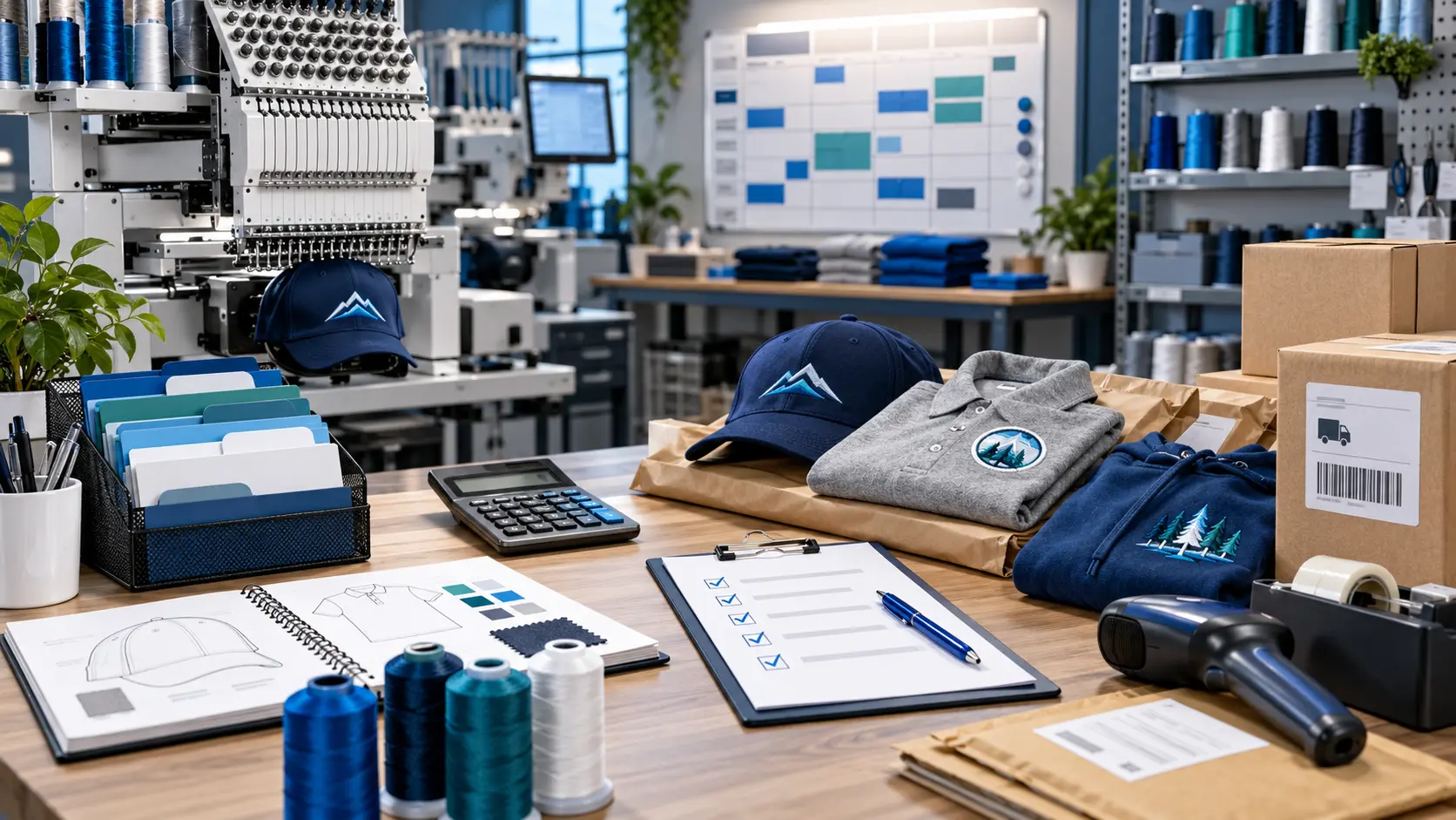 Embroidery business operations desk with production planning, quality control, packaging and order workflow tools