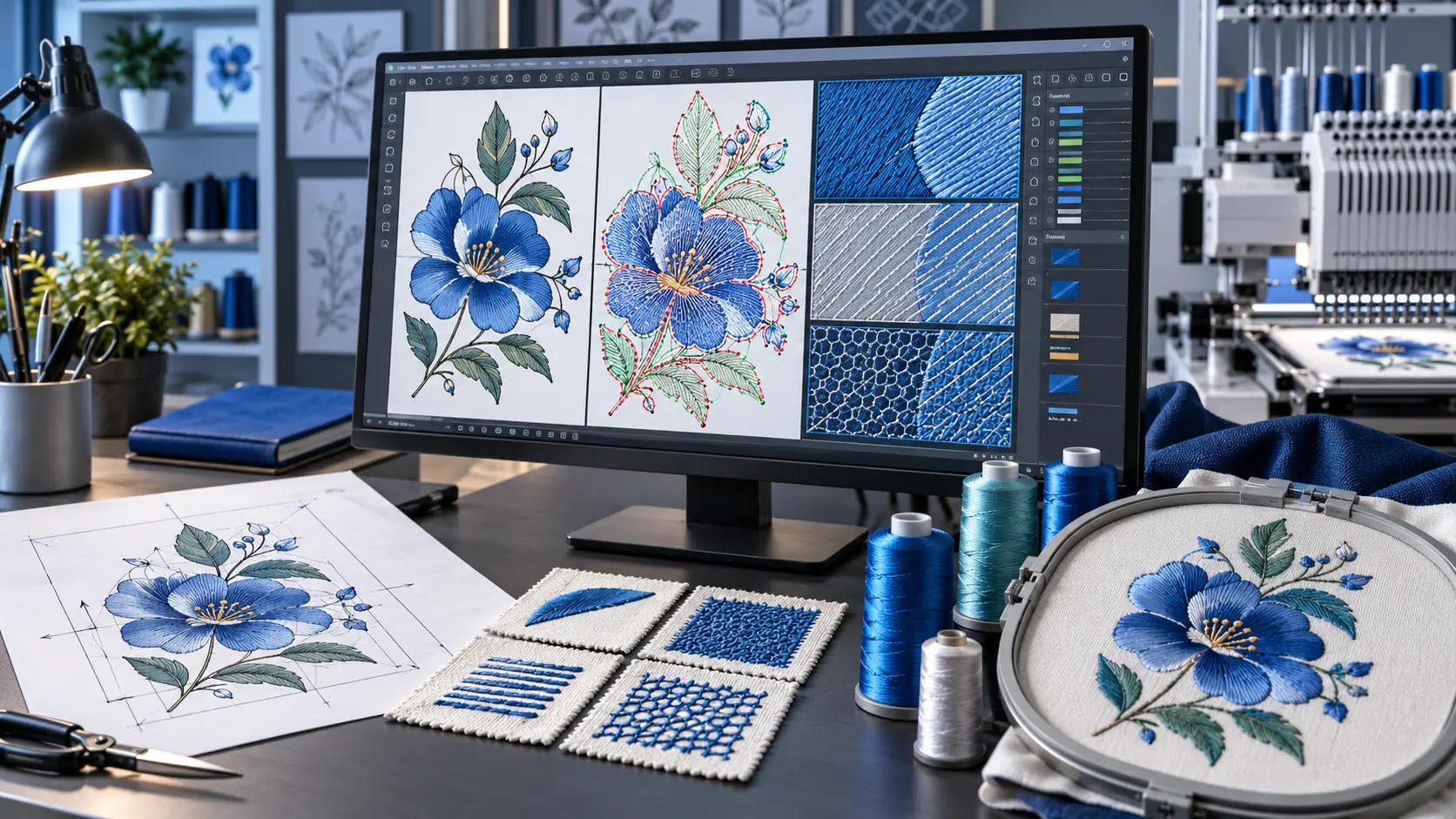 Detailed embroidery digitizing workstation showing artwork, stitch paths, thread, samples and a finished hoop