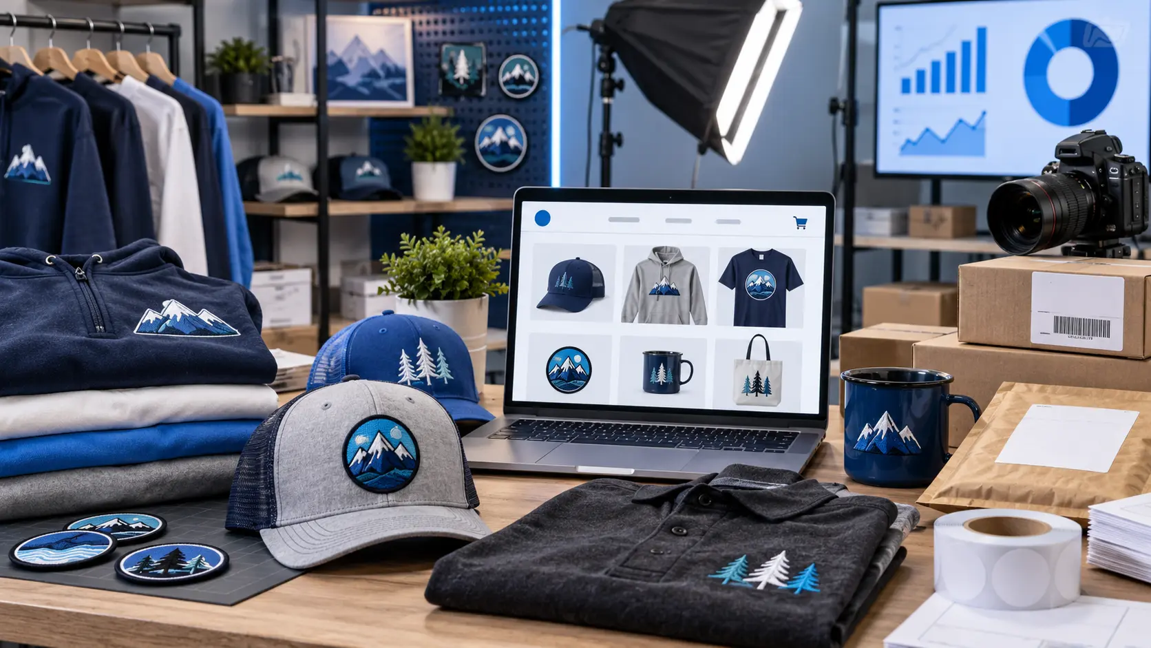E-commerce product photography workspace with embroidered apparel, patches, packaging and an online catalog