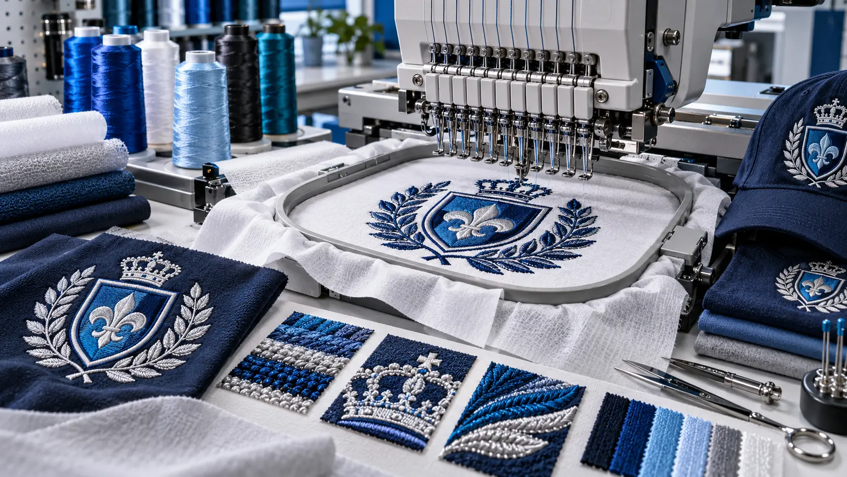 Professional embroidery machine producing a detailed crest with thread, stabilizer and stitch samples