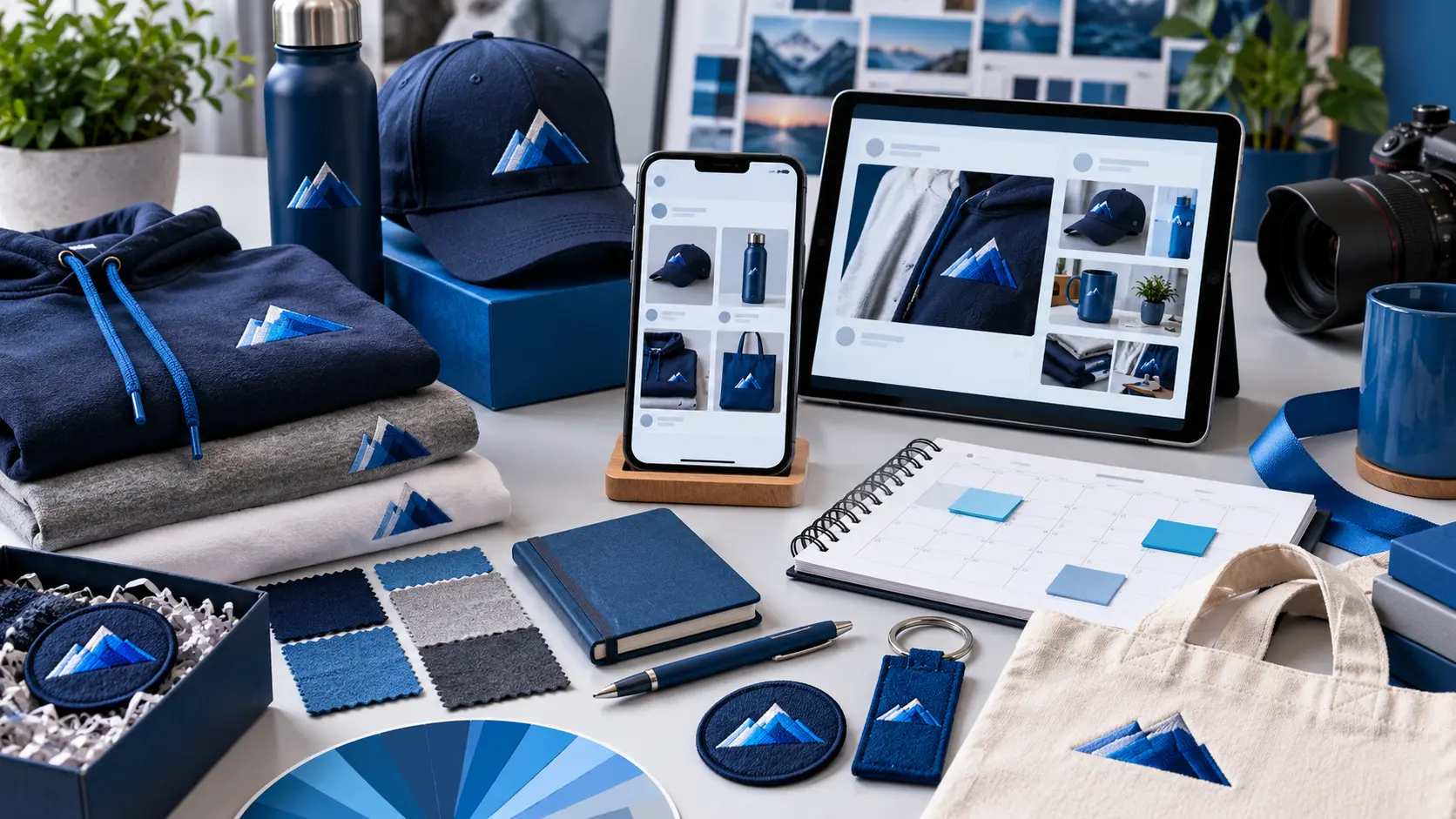Marketing content studio with embroidered products, campaign planning tools, camera and digital media screens
