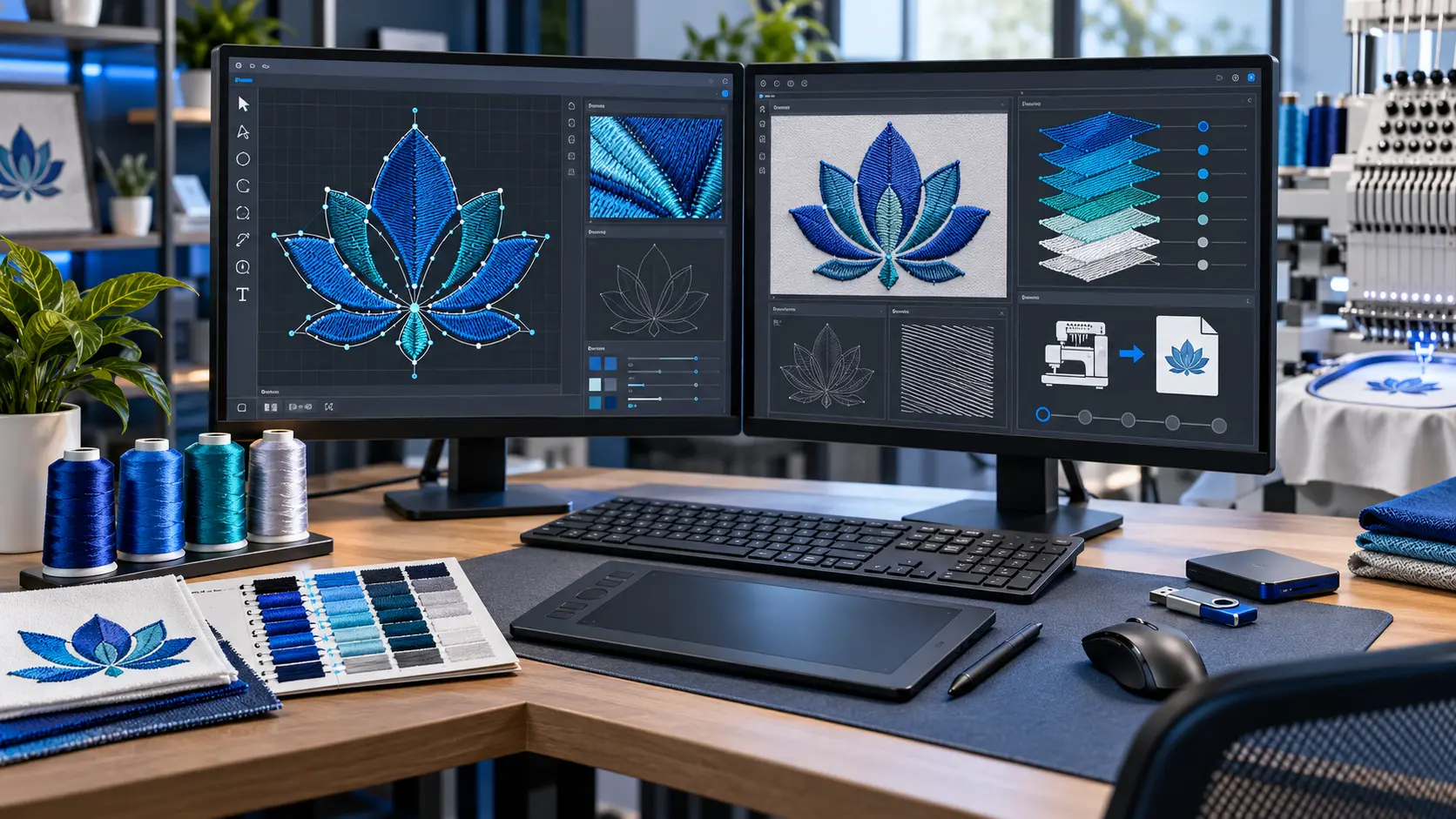 Professional embroidery software workstation with stitch simulation, vector paths and digitizing equipment