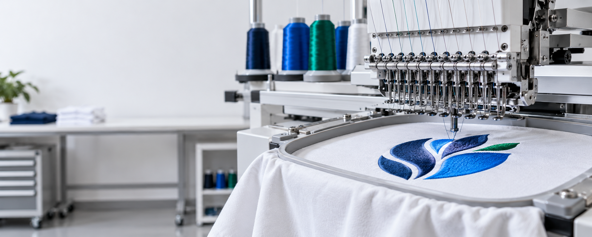 Commercial multi-needle embroidery machine stitching a blue emblem into fabric